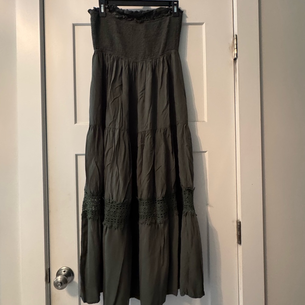Strapless Olive Green Tiered Maxi Dress